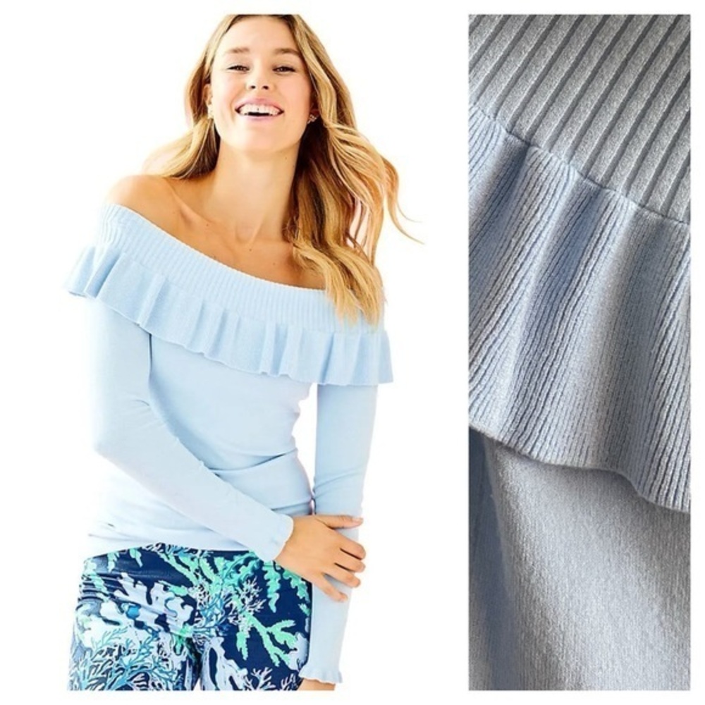 Lilly Pulitzer Off the Shoulder Ruffle Siesta Sweater Crew Periwinkle Blue Small
